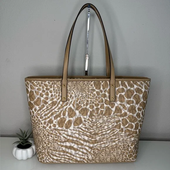 Michael Kors Carter Signature Animal Print Semi Lux Open Tote Handbag NWT